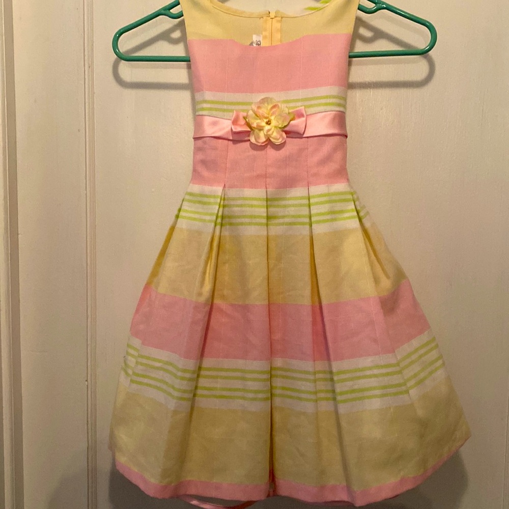 Bonnie Jean Girls Size 4 Pastel Dress (Easter) with Pink Satin Bow and Ruffles